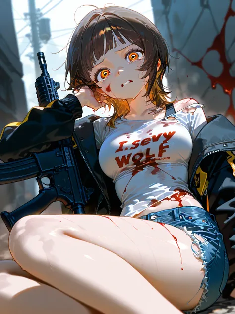 masterpiece、最 high quality、 high quality、 is very aesthetic、 absurd、up to date、 1 girl、 short brown hair、 short wolf cut, very short bangs, torn clothes、  dirty shirt, jacket  、、shcok、wide eyes、denim shorts、 assault rifle、lay on the ground、still, blood, pa...