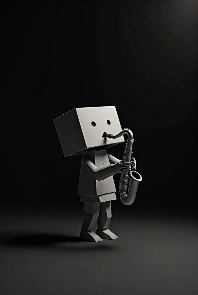 A paper box figure playing saxophone in the dark 