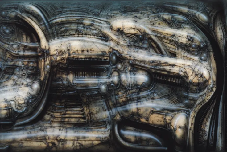 Please reproduce the original image as accurately as possible, capturing the intricate details of the biomechanical structures, the dramatic lighting, and the overall sense of unease. Find and enhance depiction of Giger's demons and creatures.(best quality...