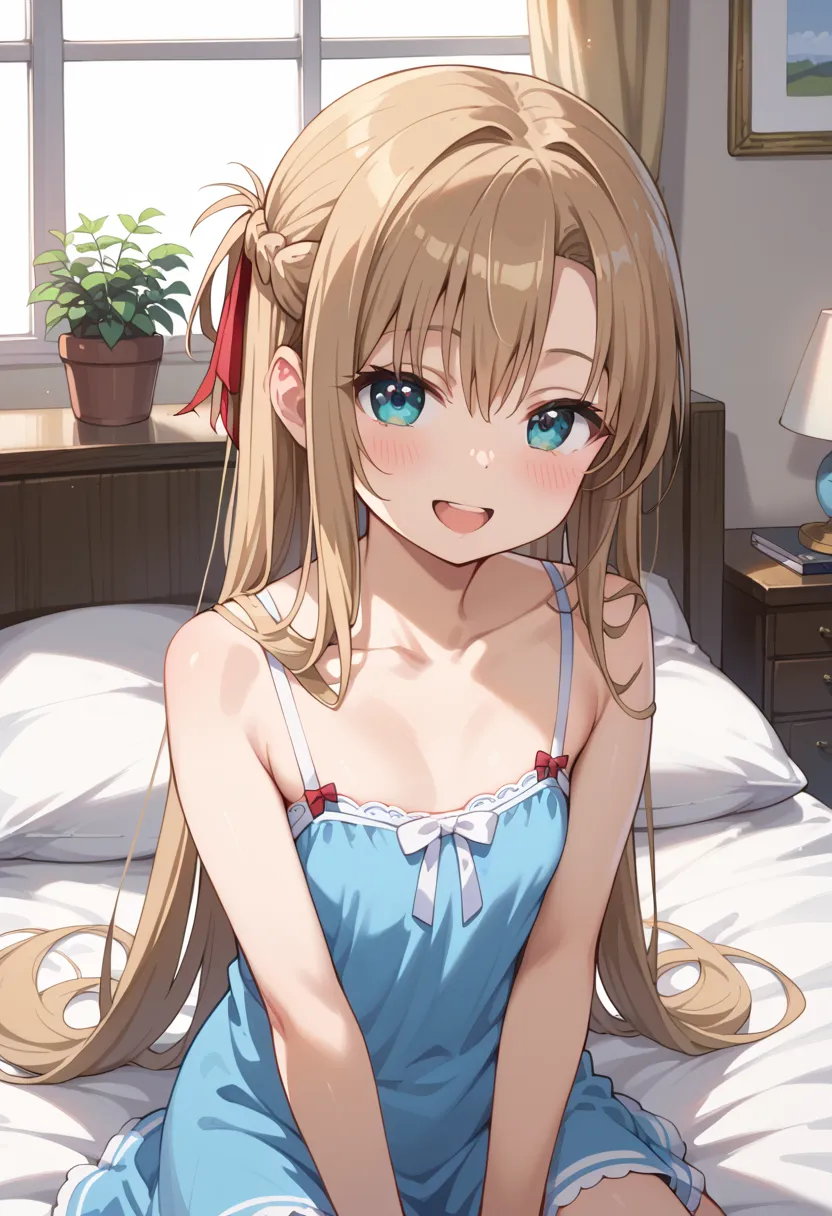 ((TOP QUALITY)), ((masterpiece)), (be familiar with),  perfect face, indoors, bedroom, watching viewers,
One woman, Asuna Yuki,
open mouth, ecstatic expression, blush, smile,
 small tits,  flat chest, Young girl,  lori,  ,  girl,
 long hair, long hair,
 op...