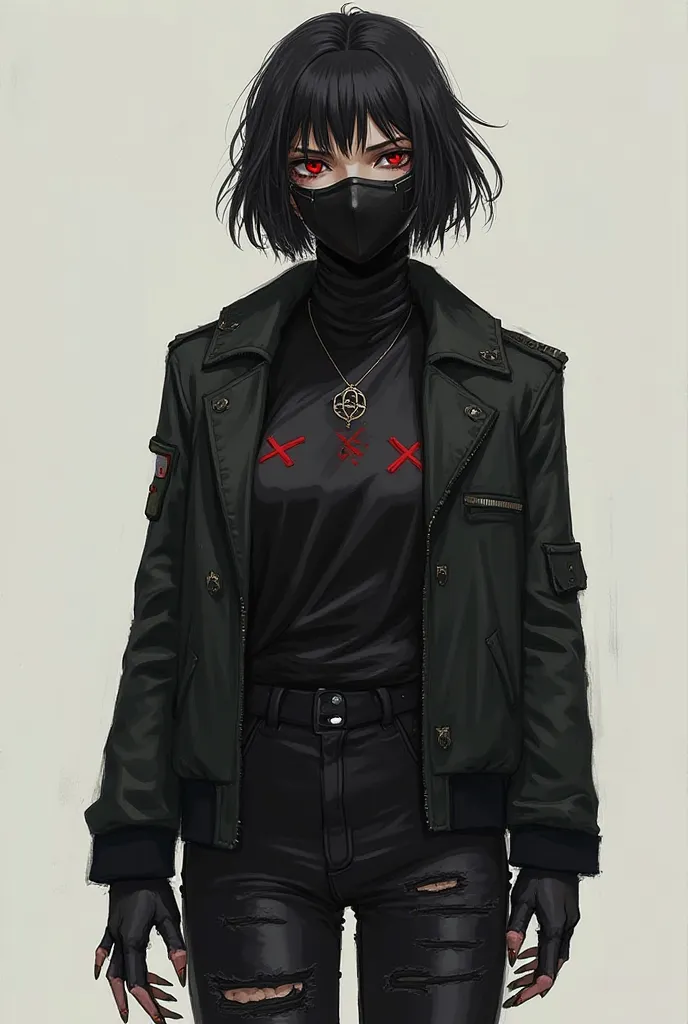 Taiane is a faceless woman who wears a black mask, red eyes, short hair, a tall woman with very sharp claws, wearing a half-torn black jacket, her blouse had a detail of x with a circle marking her pants were all torn  she was very tall.