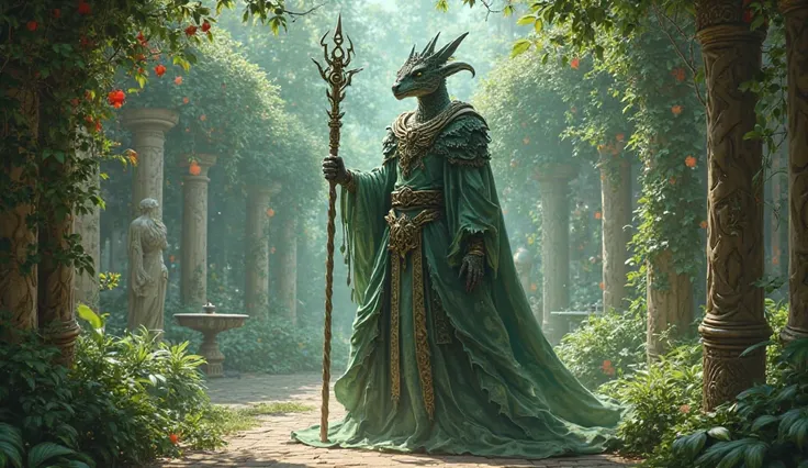 please imagine a powerful young male draconian demigod warlock. setting is a lush garden mansion