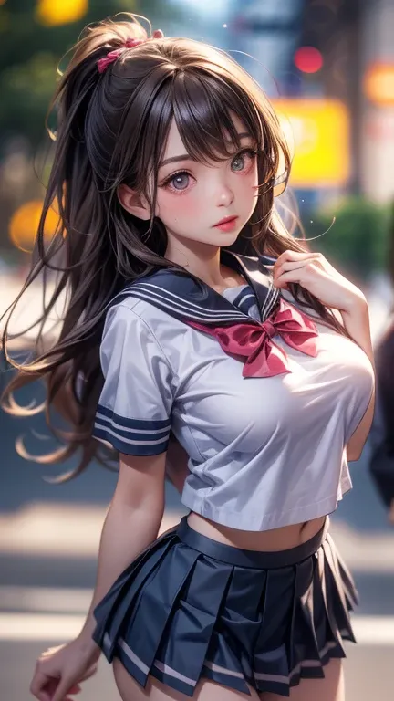 (2girls), Brown hair, Amazing face and eyes, Pink eyes, (hi-school uniform with wide open breasts:1.2), beautiful big breasts, bare breasts, (amazingly beautiful girl), Brown hair, (High School Uniform, Pleated mini-skirt:1.5), ((Best Quality)), (Ultra-det...