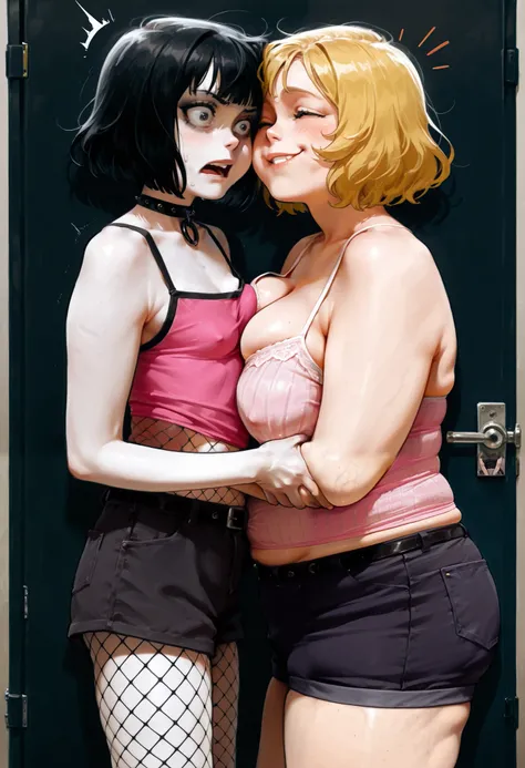 2 girls, (one very fat girl, one skinny girl:1.4), (shocked and smug emotions), (wearing goth outfit), (wearing pink camisole and short shorts) (skindentation), , (stringy blonde hair) ( black hair, goth fishnets), ((heavy breasts)), (:1.4), ((vibrant colo...