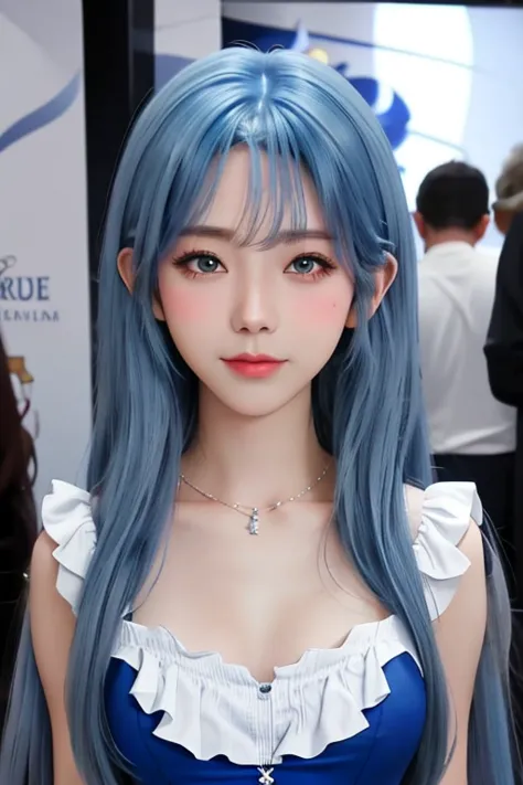 There is a woman in a blue and white dress posing for a photo, cat boy role-play! maid! dress,  anime girl cosplay , cute anime waifu in a nice dress,  small round furry , loli in dress,  Anime Role Play , Change, role-play photo,  Azure Runway Style ,  po...