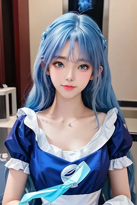 There is a woman in a blue and white dress posing for a photo, cat boy role-play! maid! dress,  anime girl cosplay , cute anime waifu in a nice dress,  small round furry , loli in dress,  Anime Role Play , Change, role-play photo,  Azure Runway Style ,  po...