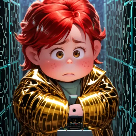 Retro sci-fi cinematic image Chubby red-haired freckled girls wearing shiny metallic gold underwear trapped inside the Quantum Computer connected to the Supercomputer, facing programming flaws 