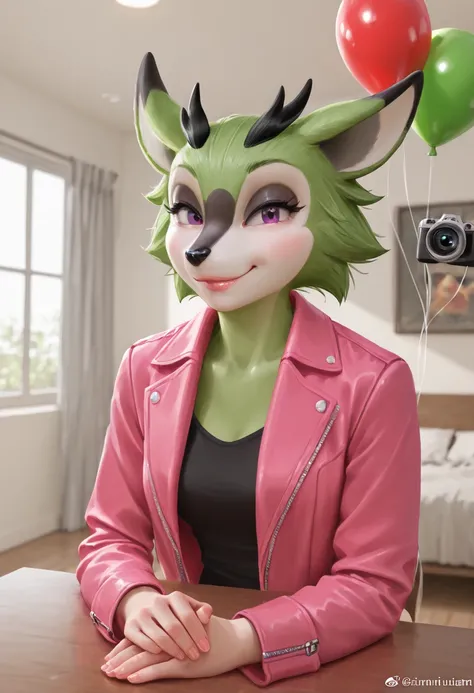 a woman in pink jacket smiling and posing for the camera near some green balloons, smile, balloon, solo, jacket, indoors, realistic Clove the Pronghorn (