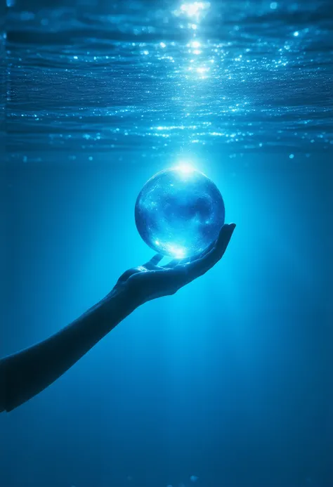 An underwater photograph capturing a profound moment: a human hand descends from above, reaching towards a perfect sphere of water that appears to be born from the caustic light patterns on the seafloor. The scene is bathed in deep cerulean blues, with the...