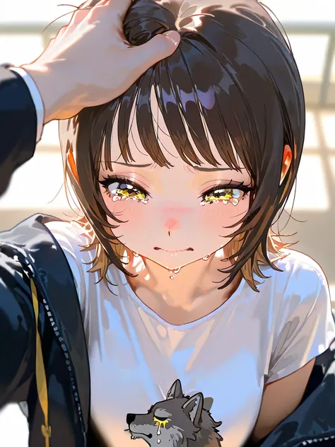 masterpiece, school setting, head pat, 1 girl, short wolf cut, brown hair, very short bangs, golden eyes, best quality, dark jacket, white T-shirt, crying, tears