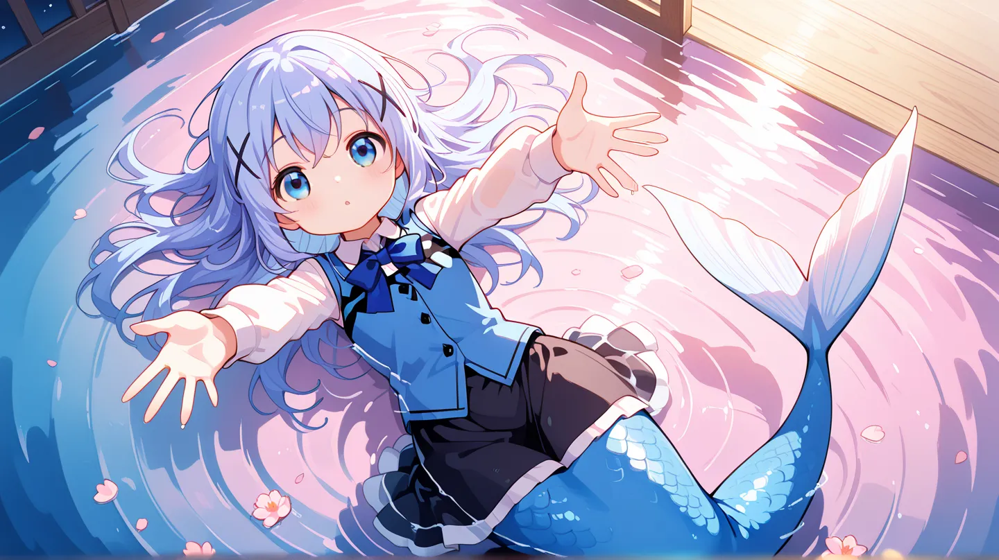 1girl, blue eyes, chino_kafu, periwinkle colored hair, tiny, cute, innocent, long hair, hair ornament, blue hair, dynamic pose, mermaid, light blue tail, lay on, on back, arms reaching toward viewer, submerged, water surface, water ripple, water, light pin...