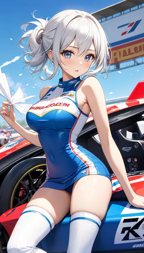 TOP QUALITY, HD, 16k,  Extremely Absurd, very well detailed, 2.5D,  Delicate and Dynamic ,  blue sky,  Paper blowing snow,  racing car, [flag, Small face, Extremely delicate facial expression,  delicate eye description,  extremely detailed hair, upper body...