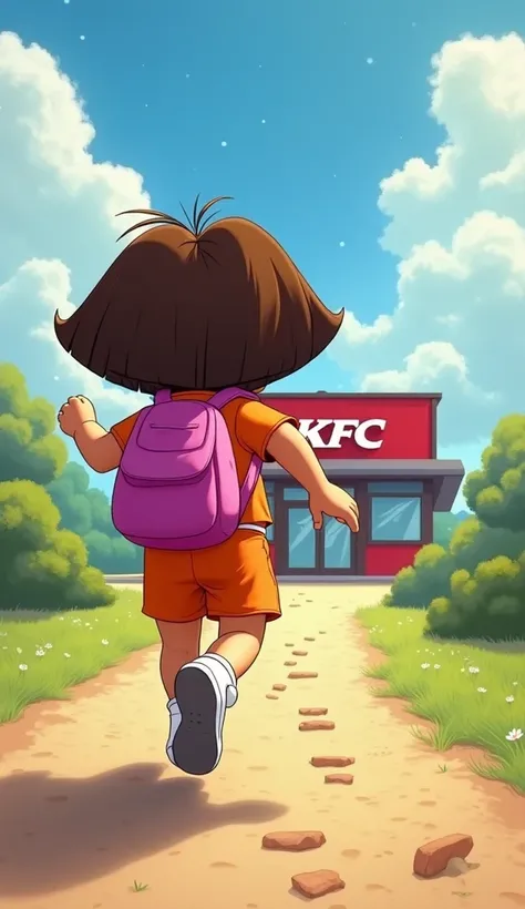 Cartoon-style scene: A giant Dora is seen from behind, running excitedly toward a KFC restaurant. Her iconic pink backpack is strapped to her back, and her short brown hair bounces slightly with her movement. Her massive footsteps leave an impression on th...