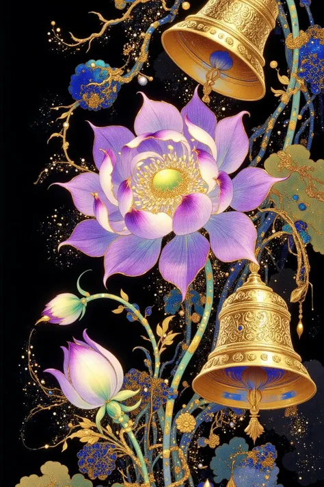 purple  flowers and gold  bells are on a black background, Extremely detailed painting inspired by Victor Nizovtsev,  Behance contest winning work , Psychedelic Art,  flowers and gold ,  Surrealist Art Nouveau  , A gorgeous gilded space machine,  anime Art...