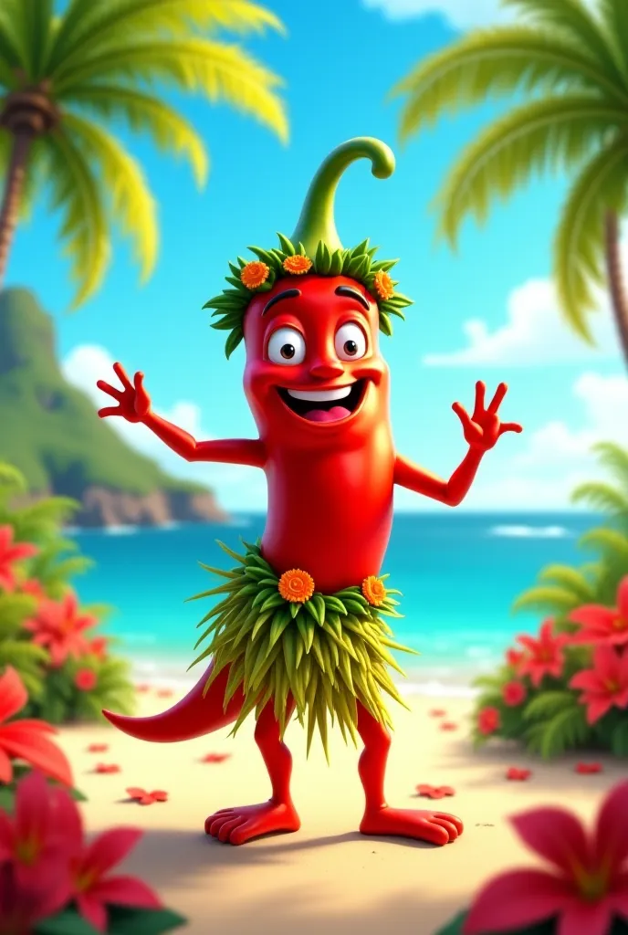 Cartoon chilli is dancing hula hula hawai