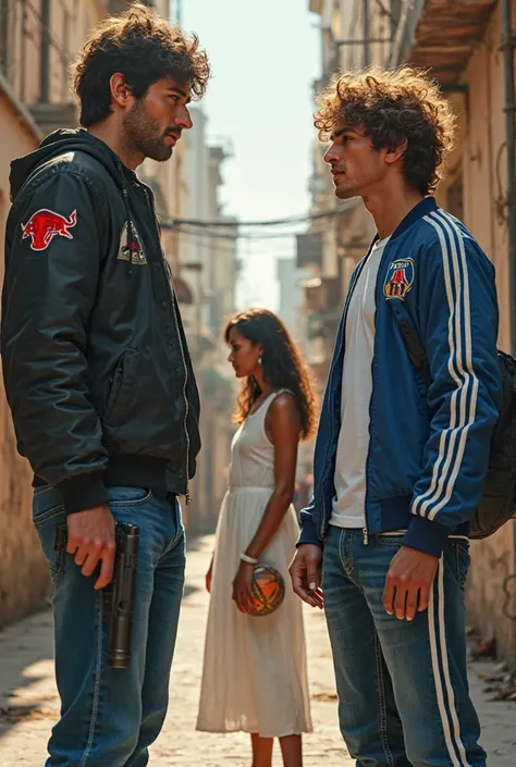 realistic image of three handsome man
one is brown curly hair wear black jacket with red bull head logo .blut tight jean.holding a gun
one is golden bronze hair wear blue soccer team jacket blue tight jean, holding a football
one is brown curly hair wear w...