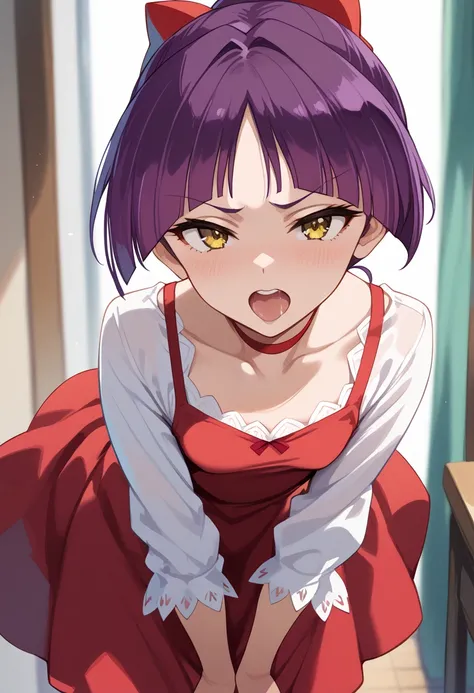 masterpiece,high resolution,TOP QUALITY,8k
(Gegege no Kitaro,nekomusume,small breast,purple hair,short hair,yellow eyes)
(red choker,white shirt,red dress)
(leaning forward) (hands covering crotch) I feel a sense of pleasure,orgasm