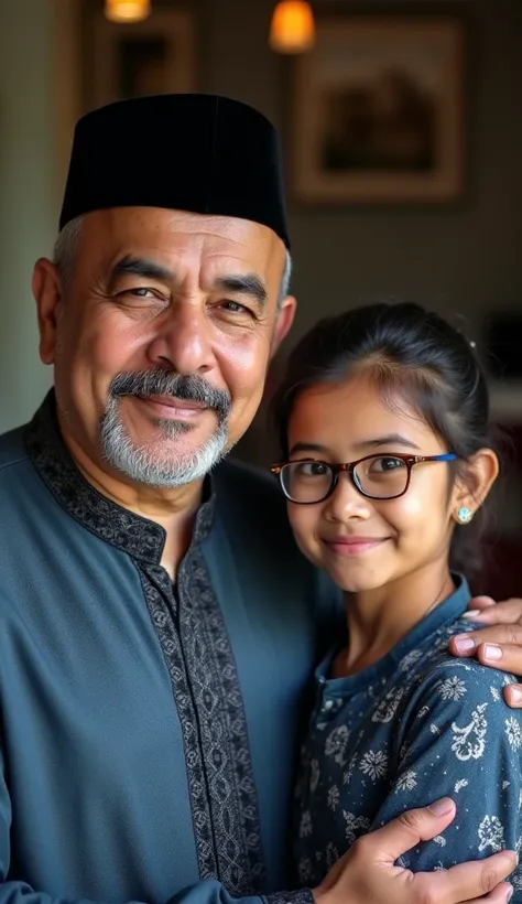 family photo of 3 people, landscape, father aged 45 years mix Turkish and Mexican, chubby, wearing black peci on his head, wearing traditional blue batiks, grey moustache and thin  beard, ring on his finger, glases, mother aged 30years, 20 year young man ,...