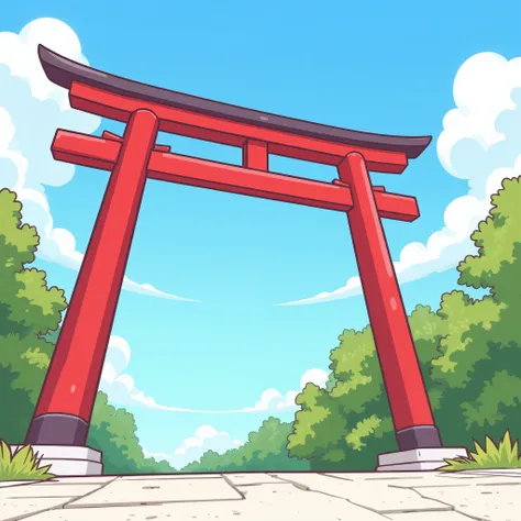 simple illustration、Thick Line、The sturdy torii gate of the shrine is “red”、summer、Angle of view looking up at the sky from the ground on the right side of the torii gate、Clear Colours 、2D illustration、illustration、Anime Design、 Clear Lines 、Thick Line、グラデ...