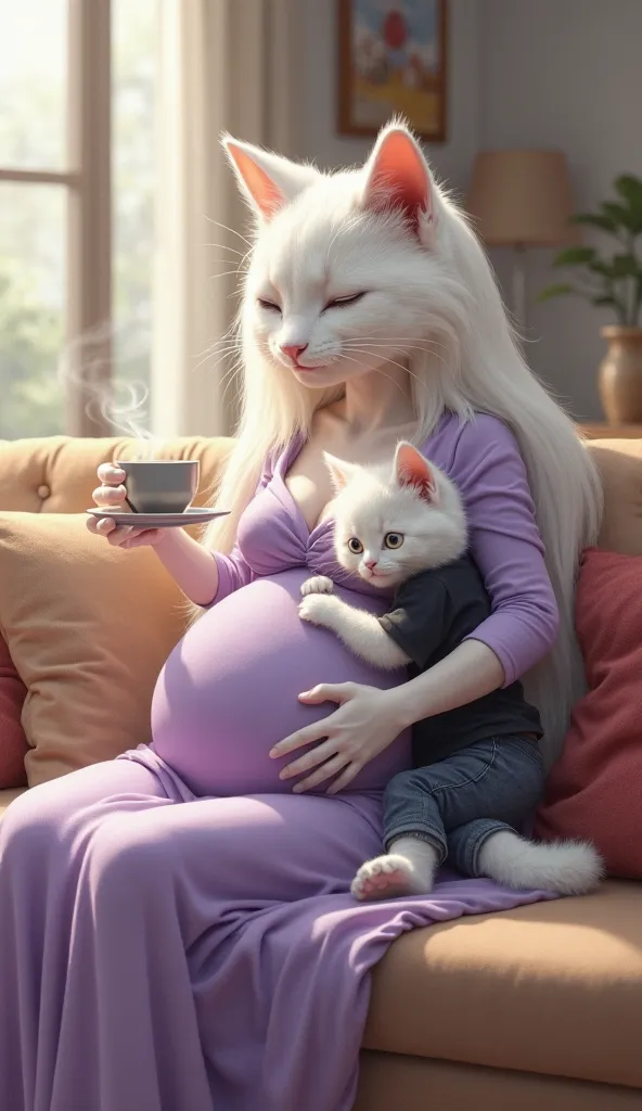 "A highly realistic digital painting of an anthropomorphic white-furred cat sitting gracefully on a modern, cozy sofa in a well-lit living room. She is visibly pregnant and wearing a flowing lavender dress that drapes elegantly over her form. Her long, sil...