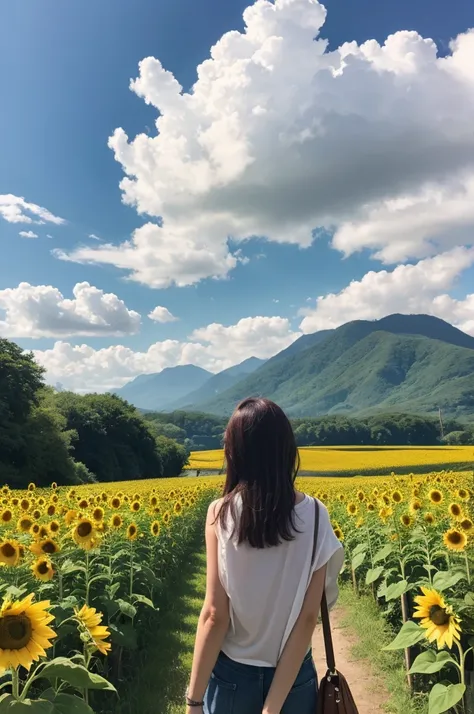 Summer sky、  blue sky、cloud、白いcloud、Mountain、Field、Sunflower Field、((  's greatest masterpiece ))、nature、   female 1 person、 in the sun's nature