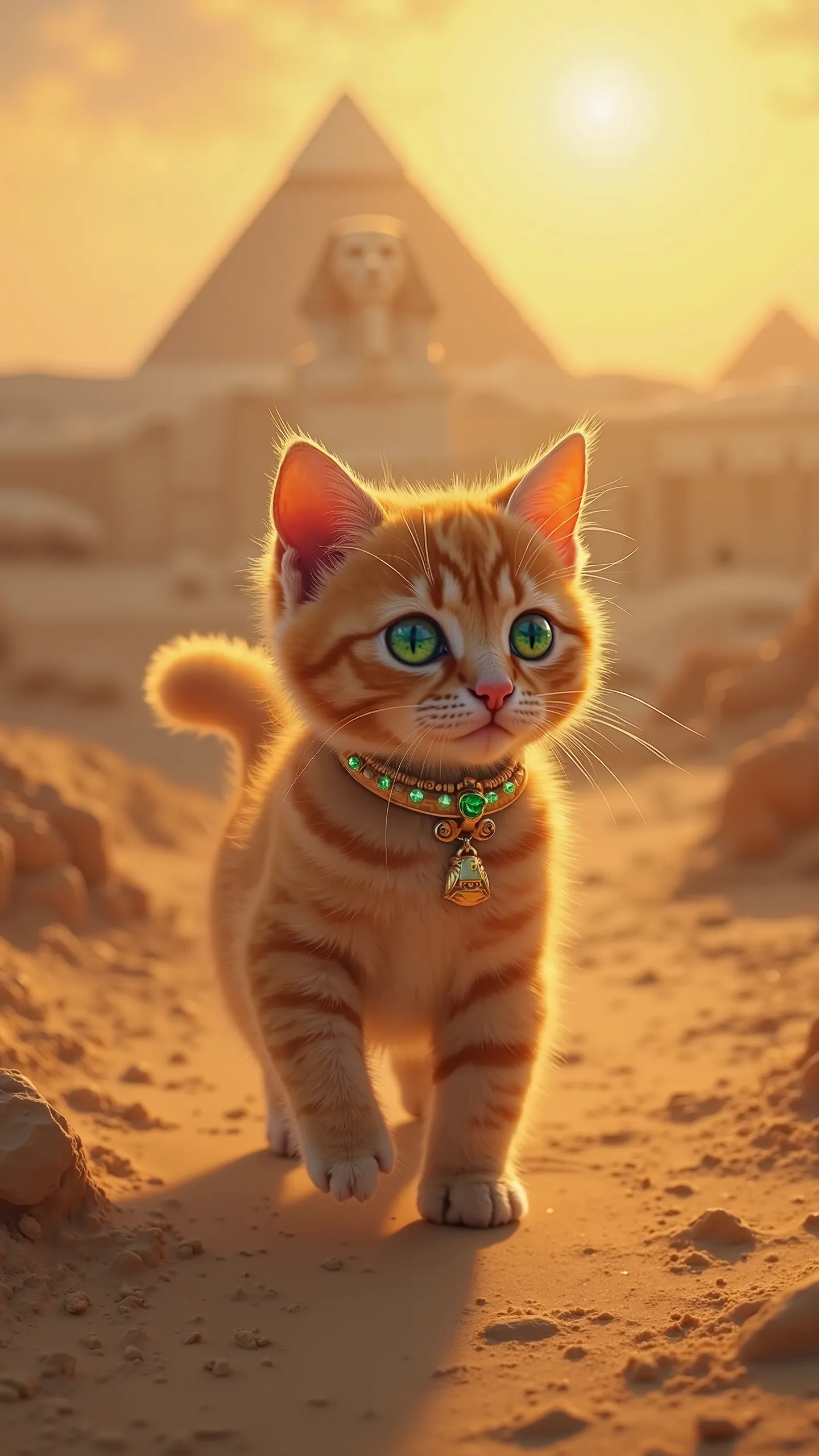 Here is a very detailed prompt:

"An adorable kitten with a golden coat walking towards the The Egyptian Empire, with the majestic Sphinx in the background. The sky is tinged with gold and orange tones at dusk, as imposing pyramids appear in the distance. ...