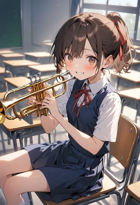 Best quality, One girl, proportionate body, young face, short brown hair, ponytail, brown eyes, red glasses, small breasts, schoolgirl uniform, red ribbon, blue skirt, white shirt, happy, holding trumpet, sitting in classroom, sitting on chair