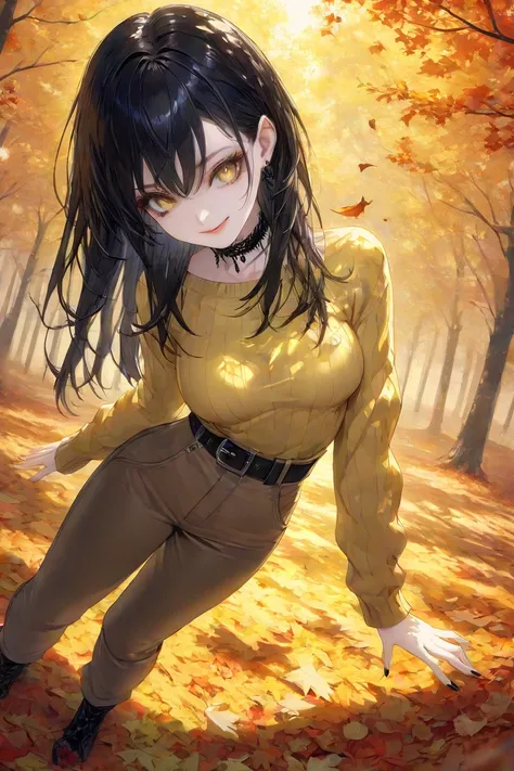  ポップアートwindの ,    reflective focus   ,   after projection   , Off-center,  Autumn Forest ,    fallen leaves  , wind,  Sharp appearance , sly smile,    gothic makeup   , windになびく長い絹のような白髪,    yellow sweater   ,   medium boobs, belt,   Choker,   Bend ,      ...