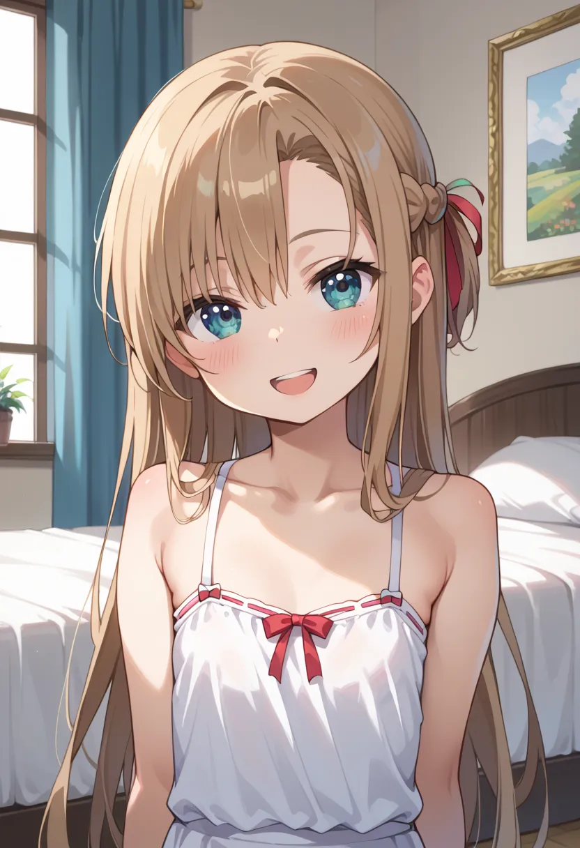 ((TOP QUALITY)), ((masterpiece)), (be familiar with),  perfect face, indoors, bedroom, watching viewers,
One woman, Asuna Yuki,
open mouth, ecstatic expression, blush, smile,
 small tits,  flat chest, Young girl,  lori,  ,  girl,
 long hair, long hair,
 op...