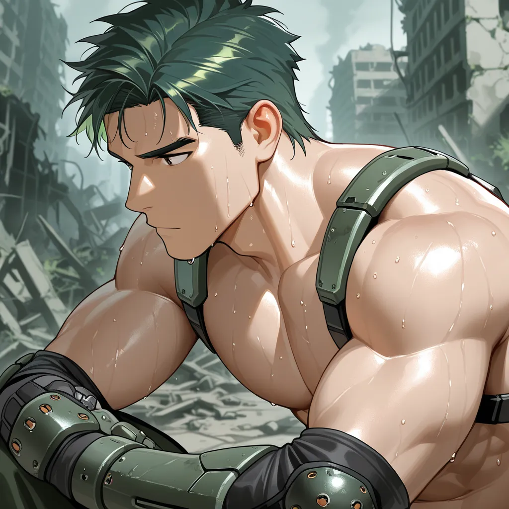 bara, (masterpiece, best quality), (close-up face), (1 boy, solo), (dark-green hair, mechanical elbow pad, mechanical harness, shirtless), male Japanese slender hero is folding arms, in ruins, post-apocalypse, sweaty,