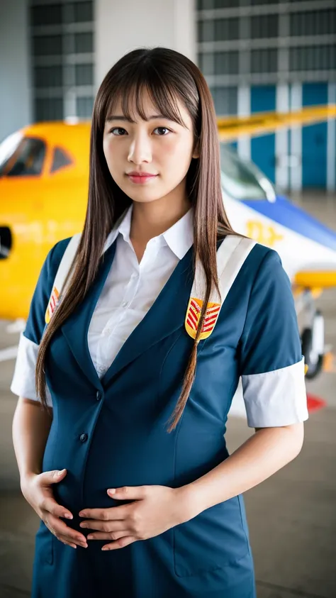 masterpiece, Best Quality, 8K,looking at the viewer,Japanese Lady,20 years old, huge pregnant, Voluptuous, inside airplane background, shoulder length hair with fringe, proper black stewardess uniform 