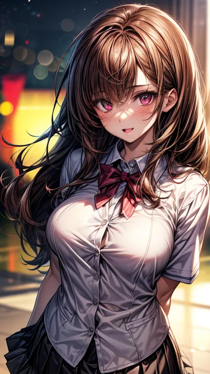 (2girls), Brown hair, Amazing face and eyes, Pink eyes, (hi-school uniform with wide open breasts:1.2), beautiful big breasts, bare breasts, (amazingly beautiful girl), Brown hair, (High School Uniform, Pleated mini-skirt:1.5), ((Best Quality)), (Ultra-det...