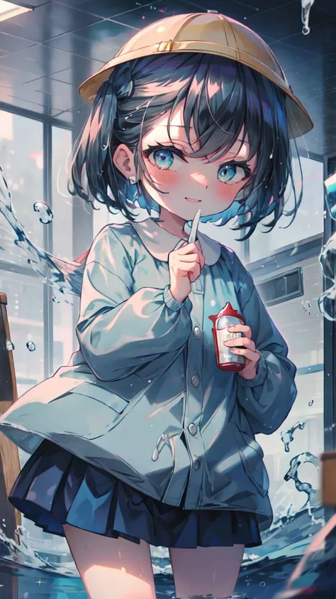 ５age, Kindergarten Mom Outfit, blue smock,  Dark Blue Skirt ,  cute, rain, 豪rain, Drenched,  Lively ,   best smile, Wet jacket,   wet skirt , Droplets of water dripped, 