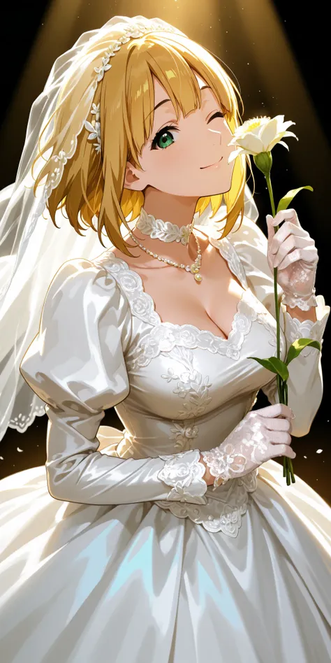 masterpiece, high score, great score, absurdres, beautiful woman, tokiwa midori, tamako market, blonde hair, beautiful green eyes, looking at viewer, smile, ;), wedding dress, lace trim, choker, necklace, long dress, lace gloves, juliet sleeves, long sleev...