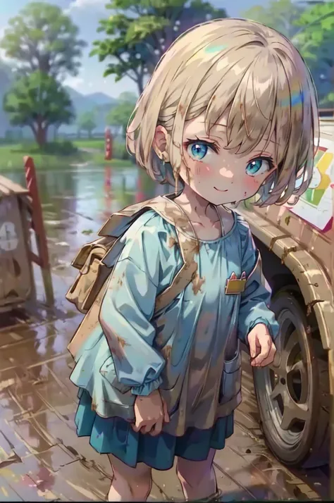 ５age, kindergarten mom clothes stained with sand and mud, blue smock,  dark blue skirt ,  cute,  muddy, Sandbox, dirty,  Playing in the mud,  Energetic , fun,  best smile,  muddyの服, Muddy Smock, Mud adhering , best smudge, Fell