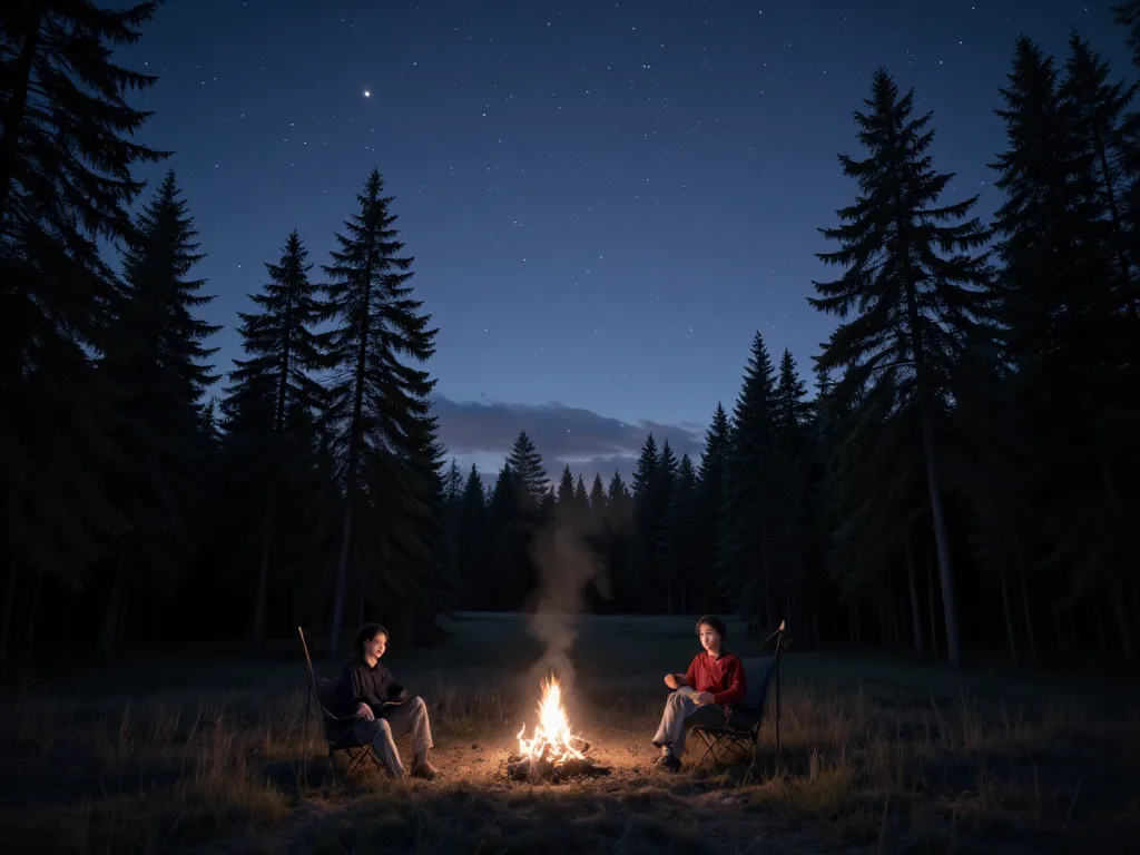 landscape, {{ sommer}},  at night, Forest, A bonfire in one place , Unmanned, nobodyStarry sky ,  High-resolution details ,  red and black glasses , movies,  hyperrealism,  soft light , Deep focus bokeh, Imaging with ray tracing,  hyperrealism. , Art Stati...