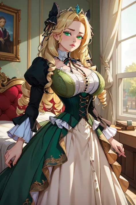 (masterpiece, best quality, absurdres, 4k, aesthetic, detailed, intricate),1girl,nikkecrwn,tiara, hair ribbon, long blonde drill hair, drill locks,  elegant Victorian-inspired outfit with a gothic-lolita aesthetic. green color with black accents, puffed sl...