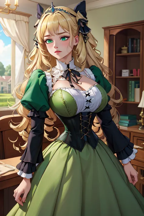 (masterpiece, best quality, absurdres, 4k, aesthetic, detailed, intricate),1girl,nikkecrwn,tiara, hair ribbon, long blonde drill hair, drill locks,  elegant Victorian-inspired outfit with a gothic-lolita aesthetic. green color with black accents, puffed sl...