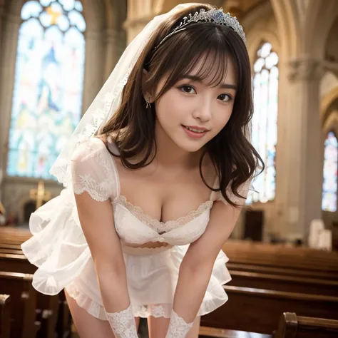 (TOP QUALITY, masterpiece:1.2), (realistic:1.3), (very detailed background,  detailed biography),  (( Great Toned Chest)), (Sexy lewd),  frill dress , (sheer, pure white dress with lace trim:1.4), Bridal Tiara,  Gorgeous parchment white wedding dress  , go...