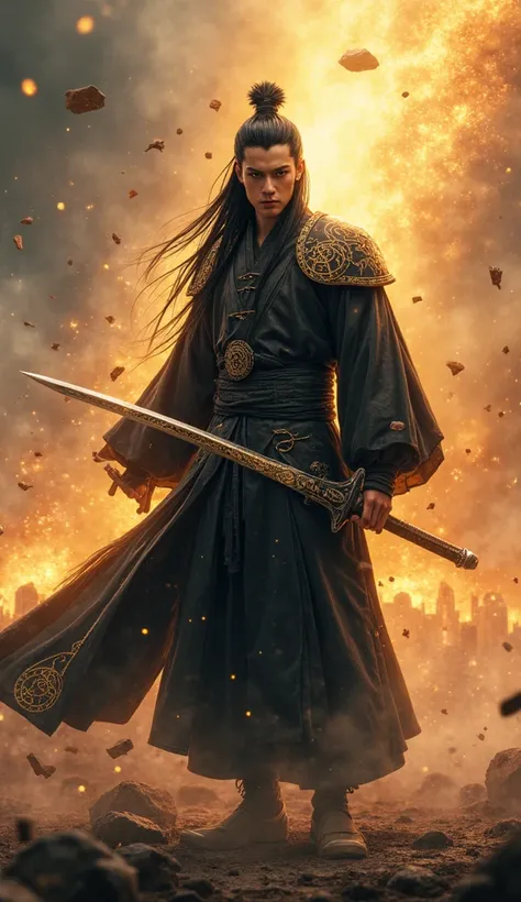 A hyper-realistic, cinematic full-body shot of Liu Zhigang from solo leveling, the S-Rank Hunter and strongest warrior of China, standing tall amidst an aura of crackling golden qi. His long jet-black hair is neatly styled, his narrow black eyes carrying a...