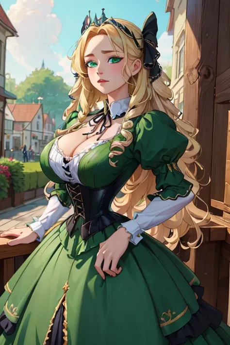 (masterpiece, best quality, absurdres, 4k, aesthetic, detailed, intricate),1girl,nikkecrwn,tiara, hair ribbon, long blonde drill hair, drill locks,  elegant Victorian-inspired outfit with a gothic-lolita aesthetic. green color with black accents, puffed sl...