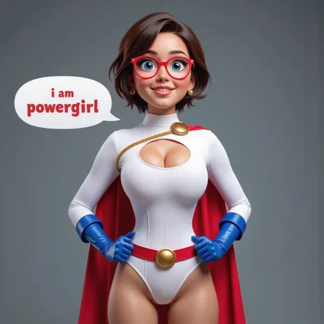 Generate an image of a 17-year-old Latina girl, dark-chocolate skinned and beaming, dressed as Power Girl. She stands gracefully with her hands on her hips, exuding confidence and a playful energy. She wears a brand-new white long-sleeved turtleneck leotar...