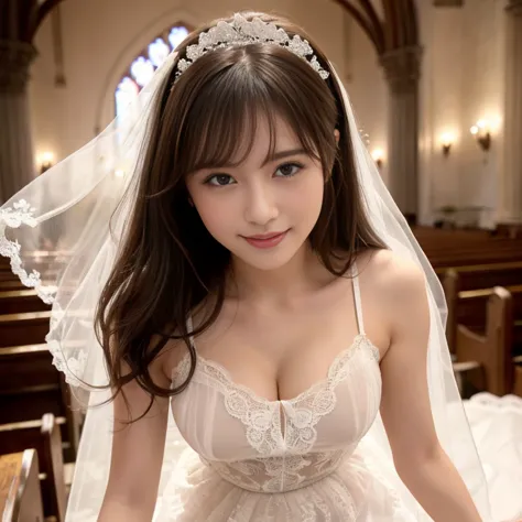 (TOP QUALITY, masterpiece:1.2), (realistic:1.3), (very detailed background,  detailed biography),  (( Great Toned Chest)), (Sexy lewd),  frill dress , (sheer, pure white dress with lace trim:1.4), Bridal Tiara,  Gorgeous parchment white wedding dress  , go...