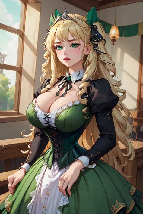 (masterpiece, best quality, absurdres, 4k, aesthetic, detailed, intricate),1girl,nikkecrwn,tiara, hair ribbon, long blonde drill hair, drill locks,  elegant Victorian-inspired outfit with a gothic-lolita aesthetic. green color with black accents, puffed sl...