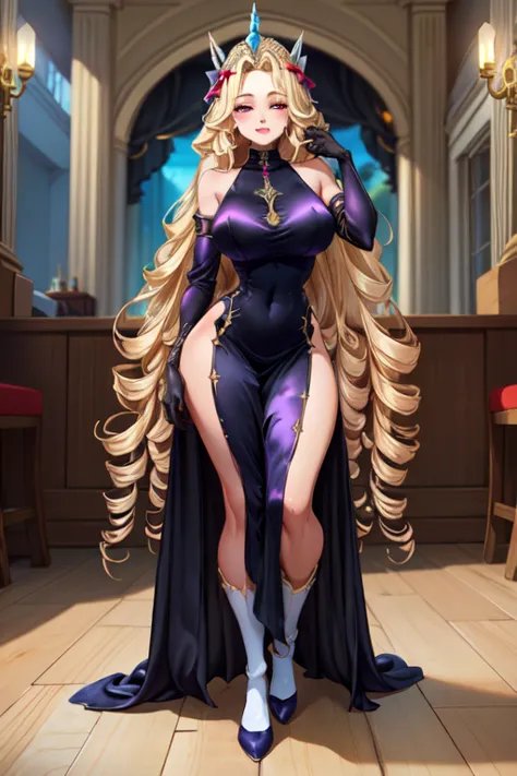 (masterpiece, best quality, absurdres, 4k, aesthetic, detailed, intricate),1girl,nikkecrwn,tiara, hair ribbon, long blonde drill hair, drill locks,  ((Black high-neck long dress in satin)),(Tight fit),No sleeve、Satin opera gloves、Satin knee-high socks

