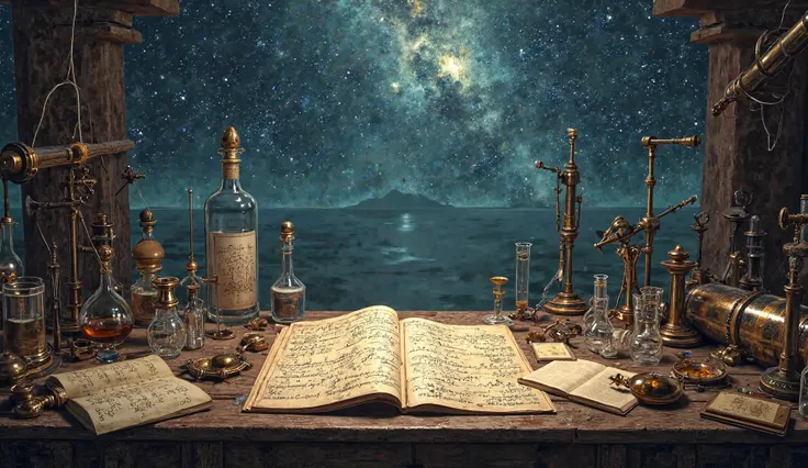 The great journey of science through the centuries. A table filled with ancient manuscripts, open scrolls with equations and diagrams, next to telescopes, microscopes and chemical bottles. In the background, a bright starry sky, representing the unknown. d...