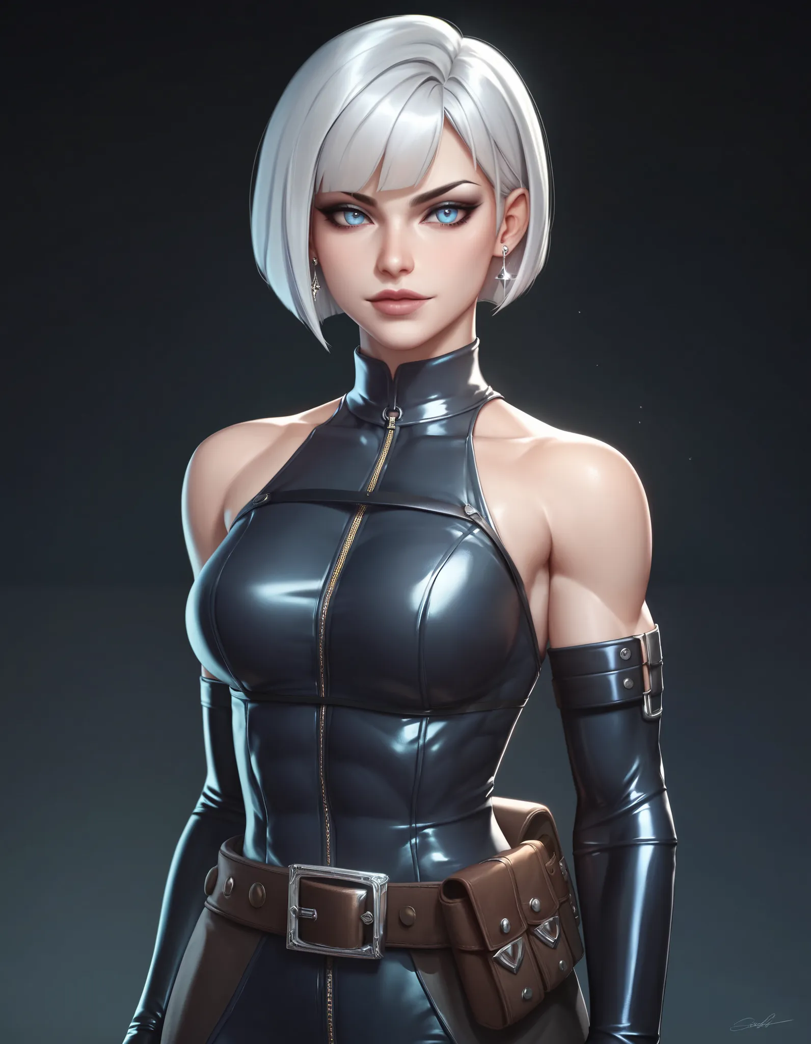 female slate sleeveless latex bodysuit, slate belt, racerback, bare shoulders, long gloves, slate gloves, toned arms, beautiful faces, silver short hair, sleek bob cut, earrings, soft smooth skin, pale skin, black background, blue eyes, sci-fi, high contra...