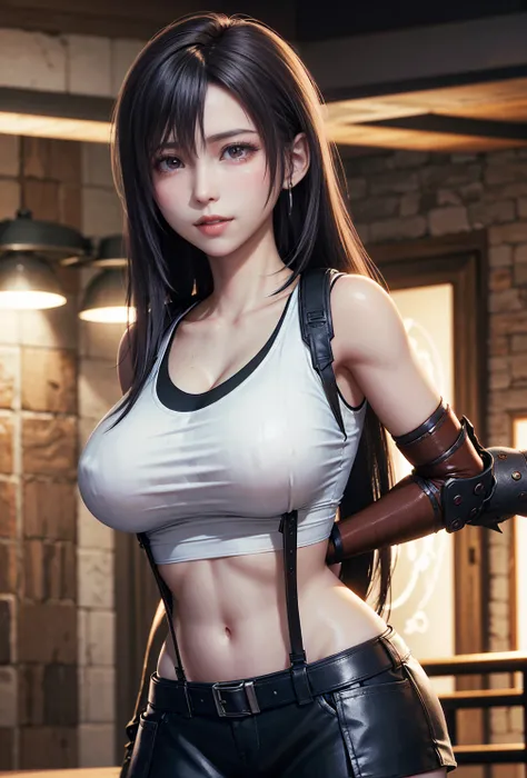 (, blush, 20yo, narrow eyes) (Photorealistic: 1.4), Solo, Top Quality, Very Delicate and Beautiful, High Definition, 1girl, tifa_lockhart, Smile, Cowboy Shot, Suspenders, Low Rise, Mini Skirt, white Tank Top, Tense Shirt, Black Hair, Long Hair, Elbow Glove...