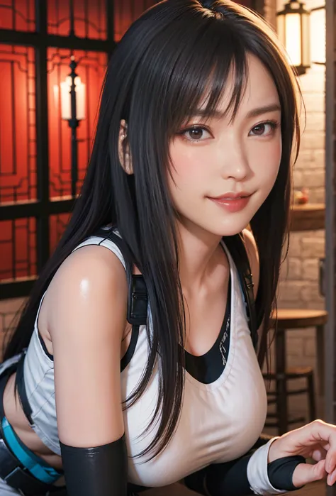 (, blush, 20yo, narrow eyes) (Photorealistic: 1.4), Solo, Top Quality, Very Delicate and Beautiful, High Definition, 1girl, tifa_lockhart, Smile, Cowboy Shot, Suspenders, Low Rise, Mini Skirt, white Tank Top, Tense Shirt, Black Hair, Long Hair, Elbow Glove...