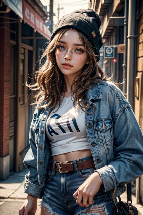 cowboy shot, zxbjns, lora_Emma, jinx, cute girl with short curly brown hair, beanie cap, circle-glasses, white silk top, ripped jeans shorts, open denim jacket, (white belt), beautiful detailed eyes, beautiful detailed lips, extremely detailed face and eye...